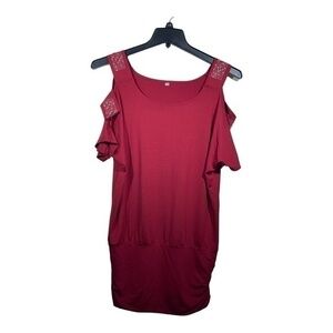 Unbranded Womens Deep Red Rauched Waist Tunic Top Cut out Sleeve Size Large